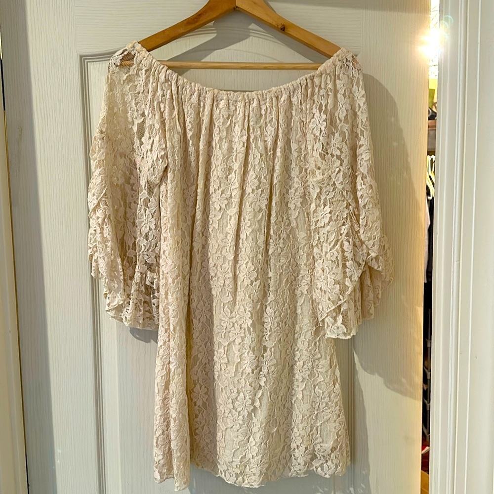 Off the shoulder cream color lace mini dress